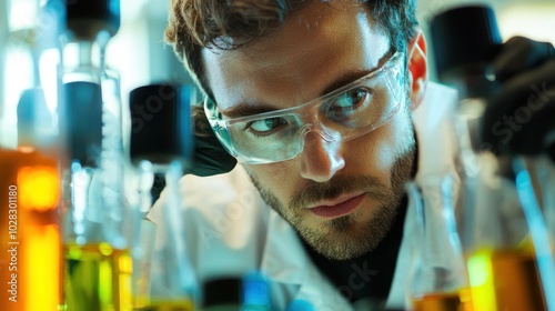 a scientist in a lab measuring the temperature of a chemical solution with precision equipment.