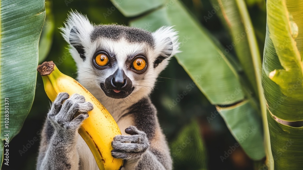 Fototapeta premium A playful lemur grins widely, clutching a banana amidst vibrant exotic leaves, radiating joy