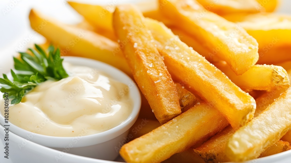 French fries potatoes with mayonnaise on a dish isolated on white background. French fries potatoes with mayonnaise on a dish isolated on white background.