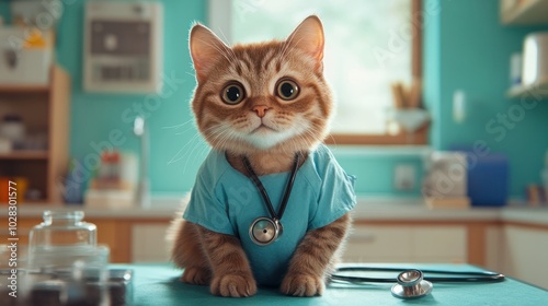 Cute cat in a vet costume with stethoscope, sitting on a table in a veterinary clinic. Cat doctor