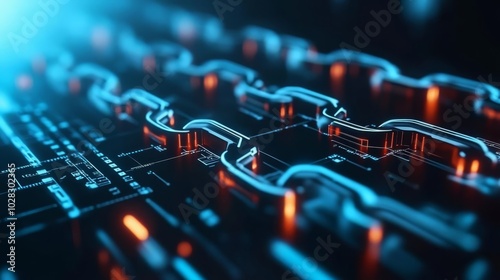 Quantum computing, blockchain integration, futuristic tech, dark setting