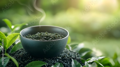 Steaming Bowl of Green Tea Leaves Surrounded by Lush Foliage photo