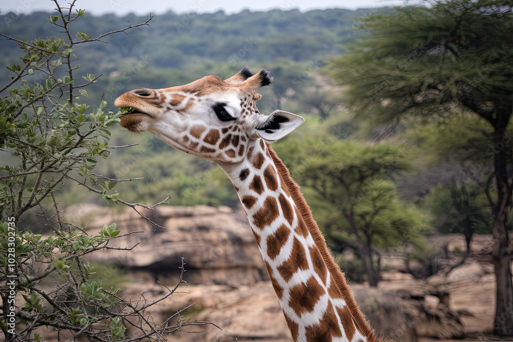 Obraz premium Giraffe reaching high to nibble on leaves in a tree