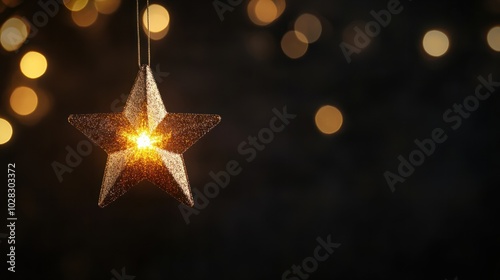 Gold star light hanging on dark background