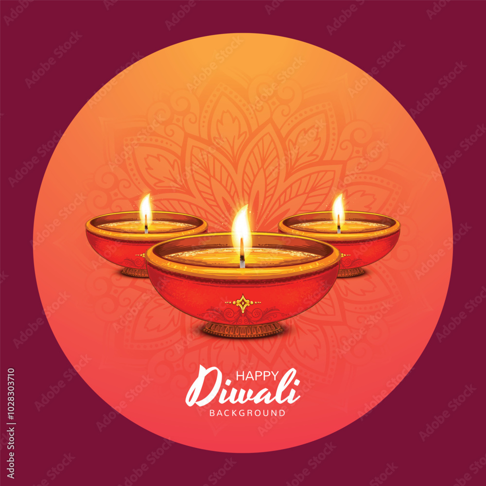 Illustration of burning diya on happy diwali holiday background
