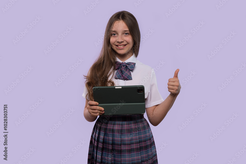 Girl holding tablet and giving thumbs-up with smile. Girl holding tablet and giving thumbs-up with smile.