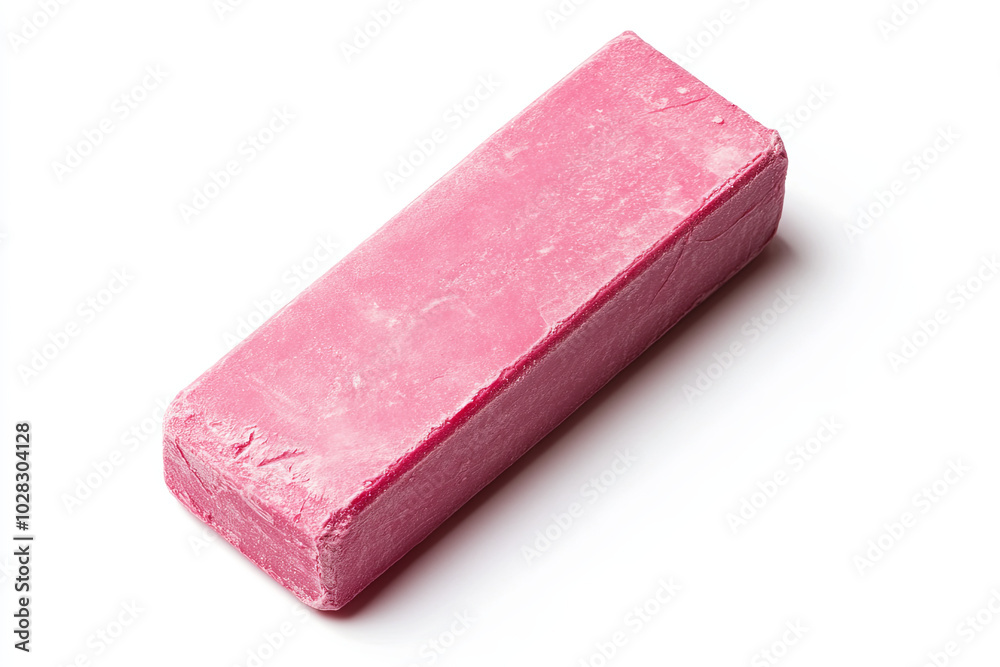 Worn old pink eraser, top view cut out on white background