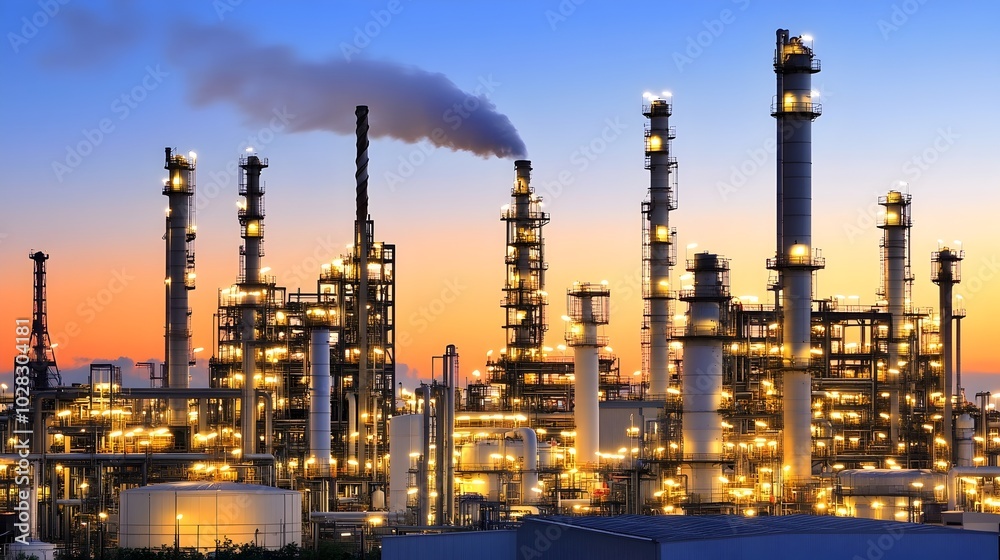 Illuminated industrial manufacturing plant at night with chimneys emitting steam Illuminated industrial manufacturing plant at night with chimneys emitting steam