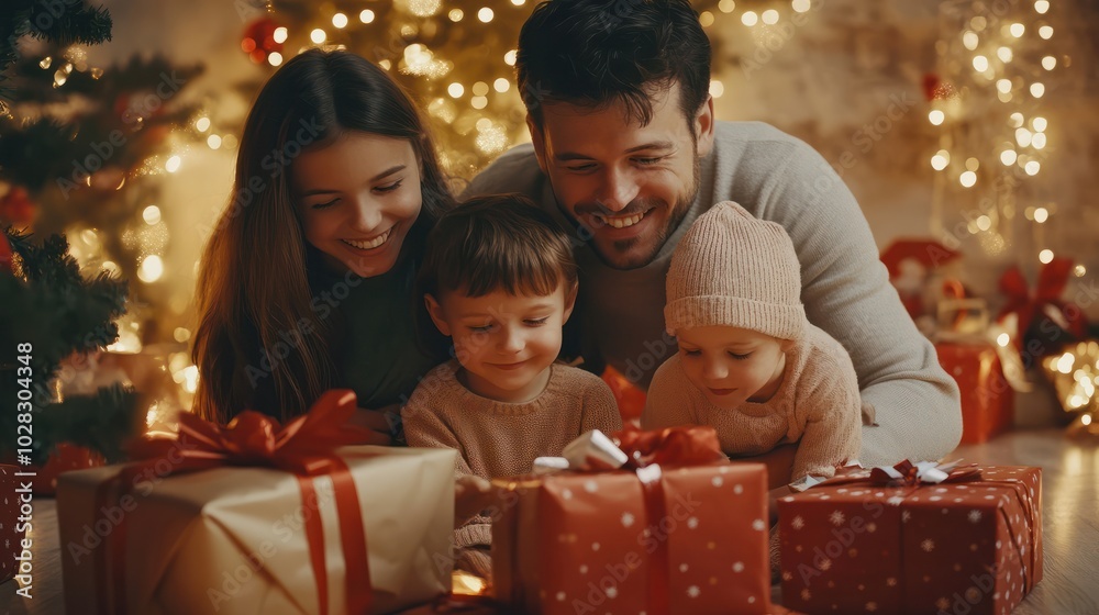 Happy family with children and Christmas gifts on floor at home Happy family with children and Christmas gifts on floor at home