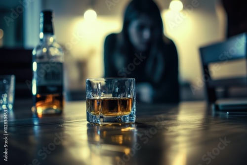 Alcoholic Woman Taking Bottle of Whiskey on Table, Blurred Background