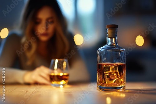 Alcoholic Woman. Woman Taking Whiskey Bottle from Table, Blurred Night Background photo