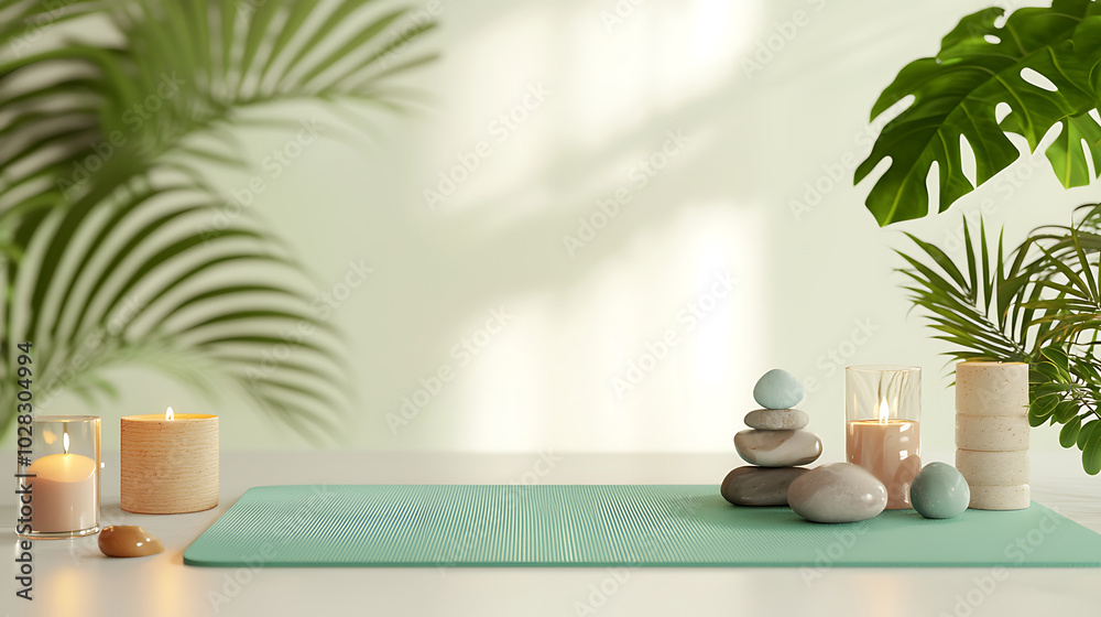 serene yoga mat is set against calming backdrop of plants and candles, creating peaceful atmosphere for relaxation and mindfulness. arrangement of stones adds touch of tranquility serene yoga mat is set against calming backdrop of plants and candles, creating peaceful atmosphere for relaxation and mindfulness. arrangement of stones adds touch of tranquility