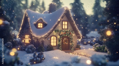 Christmas house in snow with festive lights, joyful and warm holiday setting