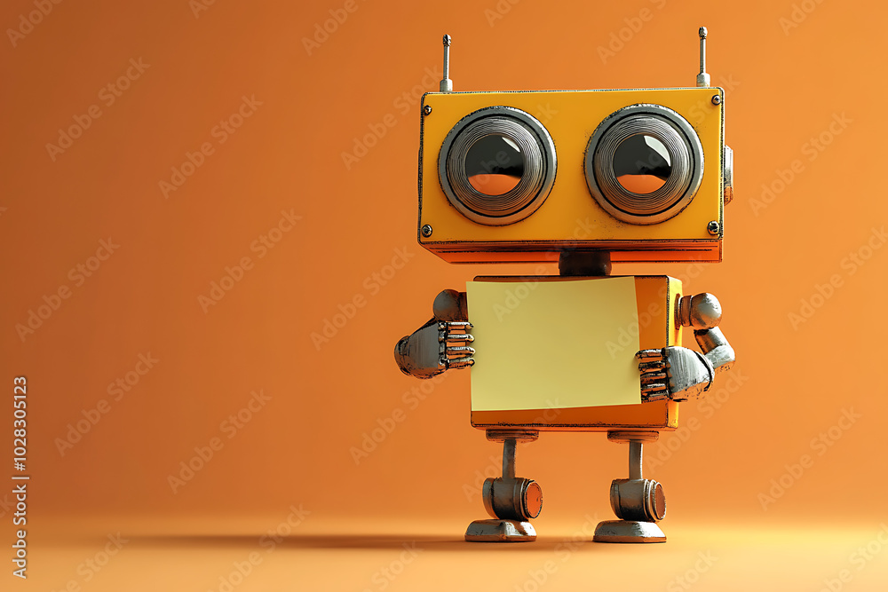A cheerful robot holding a blank sign against an orange background. A cheerful robot holding a blank sign against an orange background.