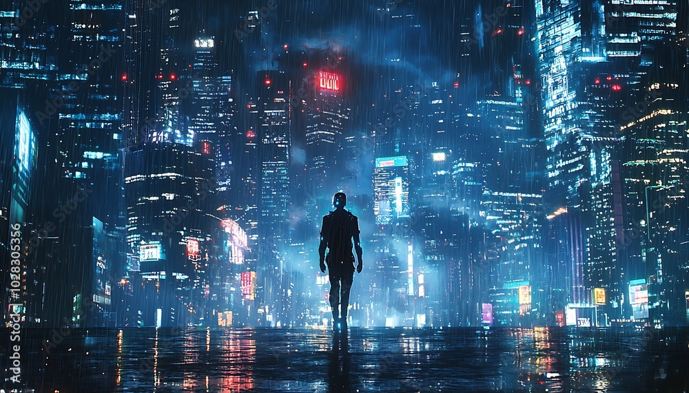 Night scene in a city with a bionic figure, symbolizing the meld of human resilience with tech. Night scene in a city with a bionic figure, symbolizing the meld of human resilience with tech.