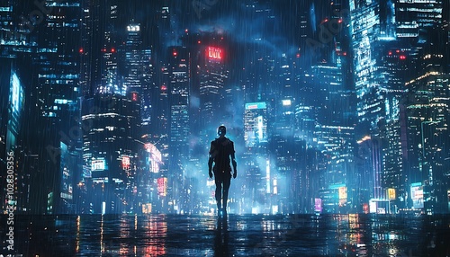 Night scene in a city with a bionic figure, symbolizing the meld of human resilience with tech.