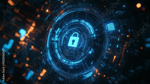 A blue circle with a padlock represents digital security in a futuristic cyberspace setting.