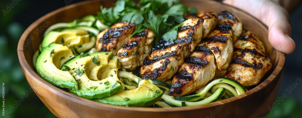 Grilled Chicken and Avocado in Wooden Bowl Grilled Chicken and Avocado in Wooden Bowl