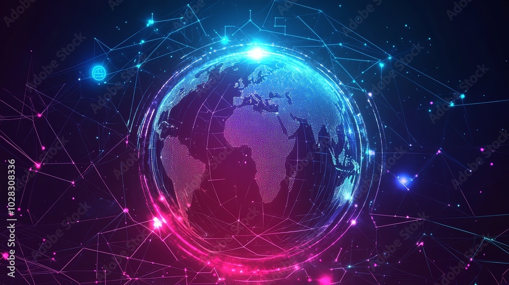 Neon digital economy system, global inflation effects, networked program activities, flat design illustration Neon digital economy system, global inflation effects, networked program activities, flat design illustration