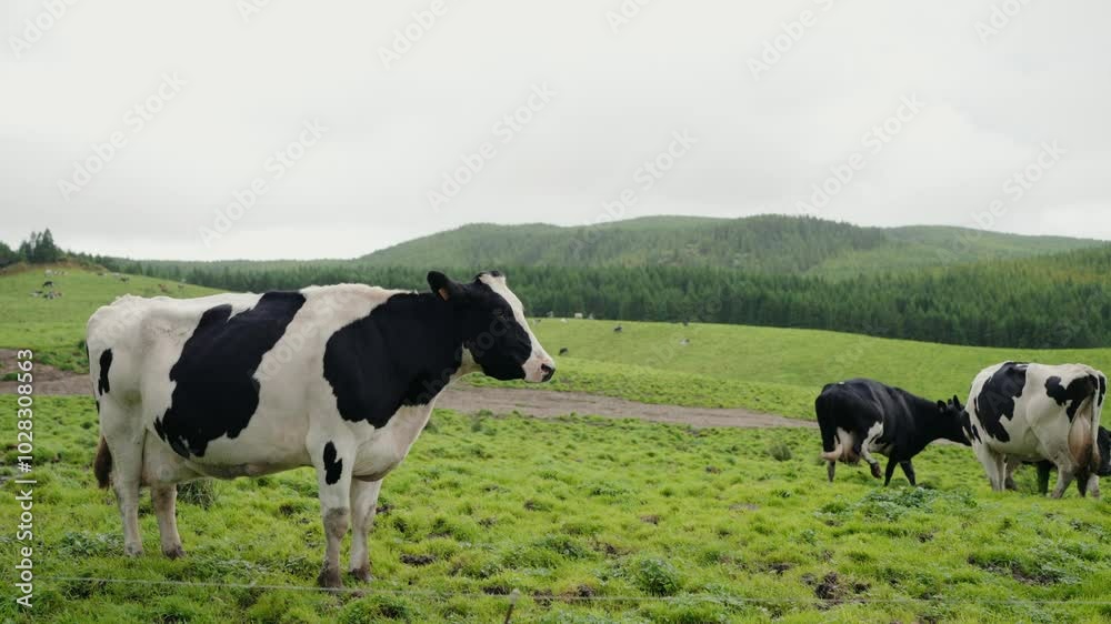 Cows grazing in a lush green pasture with a scenic mountain and forest backdrop. Peaceful rural landscape. Pasture of cow herd on farm on green grass at countryside Cows grazing in a lush green pasture with a scenic mountain and forest backdrop. Peaceful rural landscape. Pasture of cow herd on farm on green grass at countryside