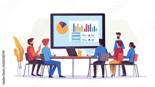 Training, education or business people in presentation for sales report or financial analysis in office. Teaching, leadership or manager planning in a meeting on screen monitor in mentorship coaching