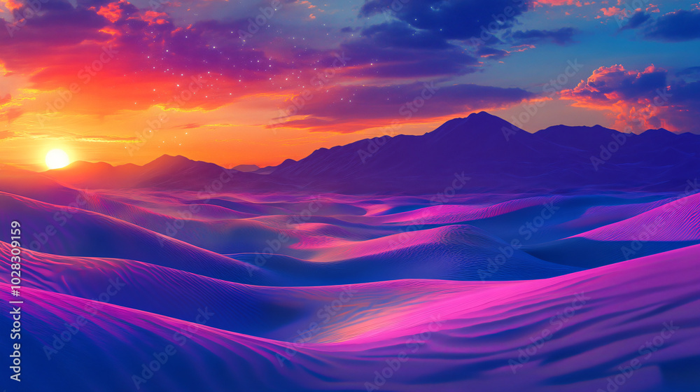 A colorful desert landscape at sunrise, with vibrant hues illuminating the dunes. A colorful desert landscape at sunrise, with vibrant hues illuminating the dunes.