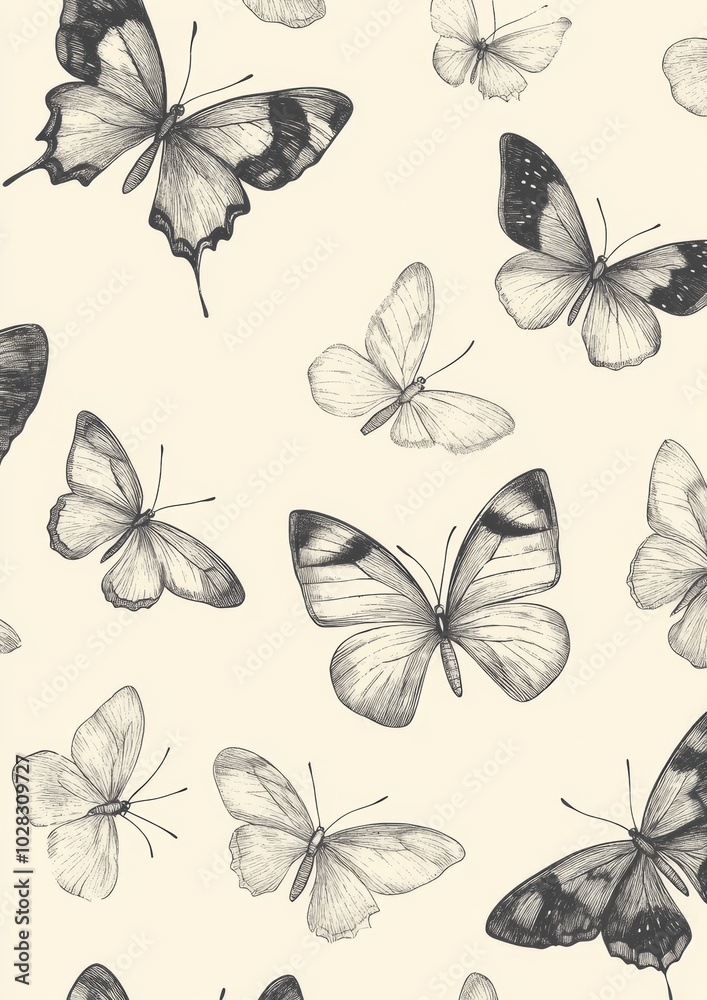 A black and white drawing of many butterflies on a white background A black and white drawing of many butterflies on a white background