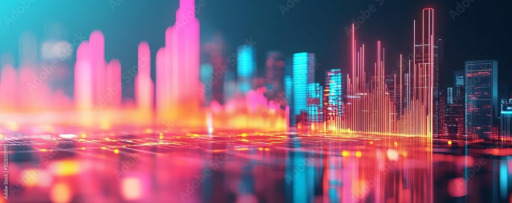 Blockchain currency visualization, cyber city skyline, holographic glowing elements Blockchain currency visualization, cyber city skyline, holographic glowing elements