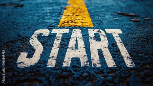 Start Line on a Blue Asphalt Road