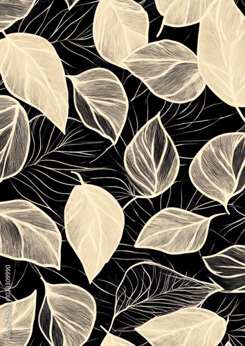 A black and white image of leaves with a white background
