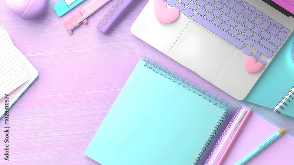 Scattered Laptop and School Supplies on Desk in 3D Scattered Laptop and School Supplies on Desk in 3D