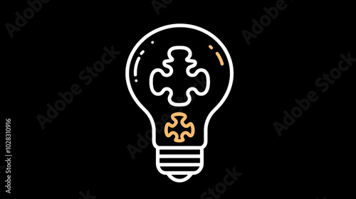 A lightbulb with a puzzle piece inside, drawn in a simple line style. This icon represents finding a creative solution. It has a retro, 80s cyberpunk feel.