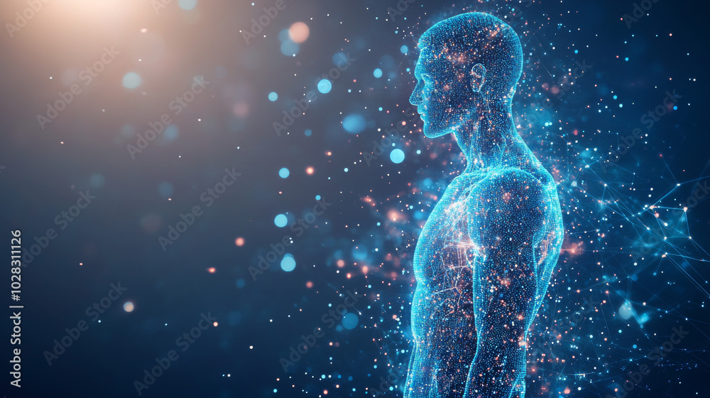 A digital artwork shows a man standing, made up of glowing blue dots. It's a modern and abstract way to represent the human body, and it could be used for science or medical topics. A digital artwork shows a man standing, made up of glowing blue dots. It's a modern and abstract way to represent the human body, and it could be used for science or medical topics.