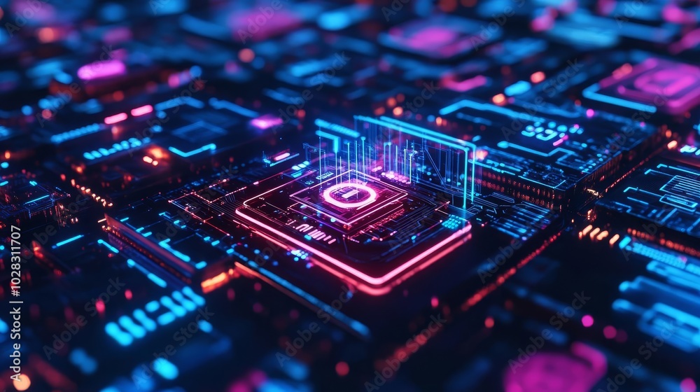Blockchain technology convergence, neon-lit tech city, holographic digital elements