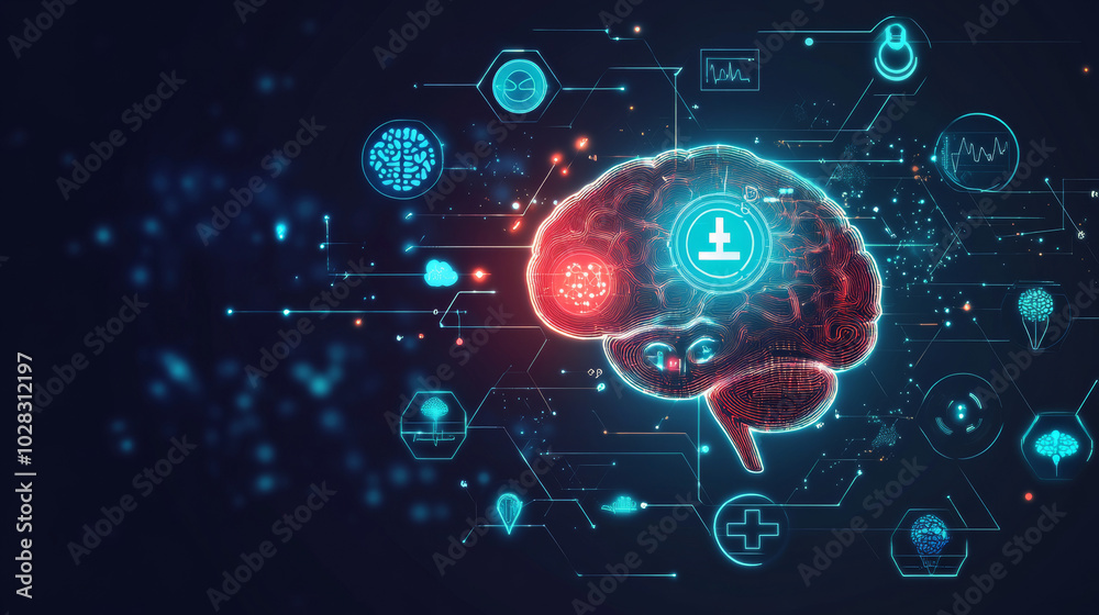 A futuristic vision of healthcare using artificial intelligence, shown as a digital brain with icons. A futuristic vision of healthcare using artificial intelligence, shown as a digital brain with icons.