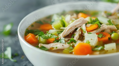 Close-Up of Steaming Chicken Soup in White Bowl on Grey Stone Background 