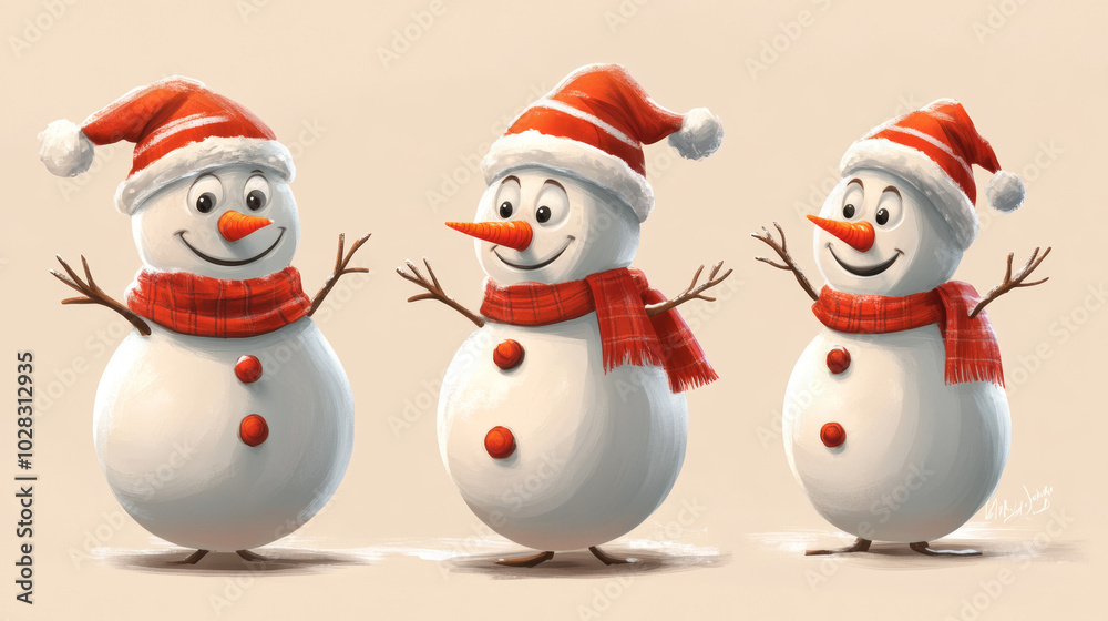 Illustration set of cartoon Christmas snowman characters.
Illustration set of cartoon Christmas snowman characters.