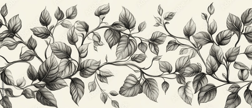 A black and white drawing of a vine with leaves A black and white drawing of a vine with leaves