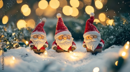 Cheerful gnomes decorating a snow-covered garden, lit by warm twinkling lights, with an enchanted Christmas atmosphere. 7b7d1154c88a