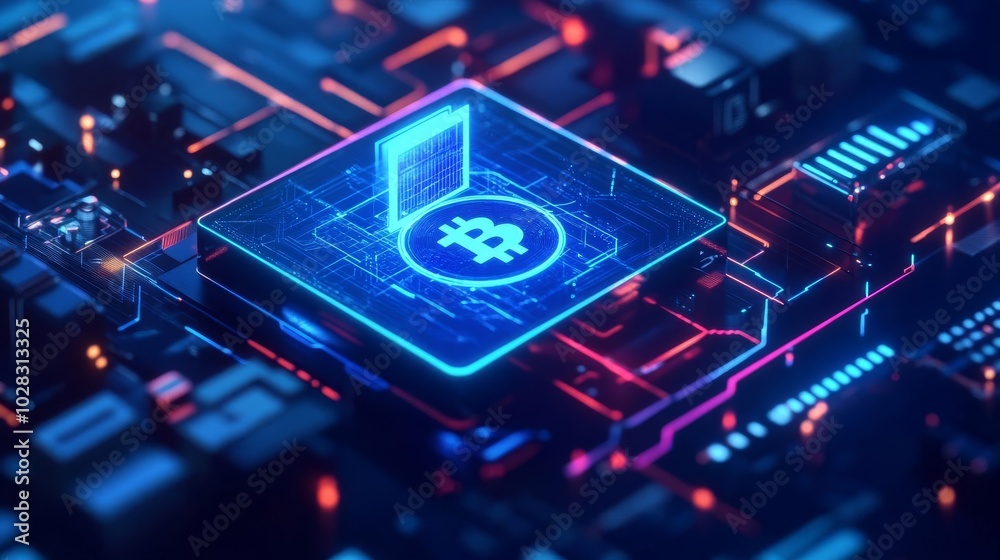 Cyber blockchain economy, floating holographic elements, dark futuristic cityscape, neon blue