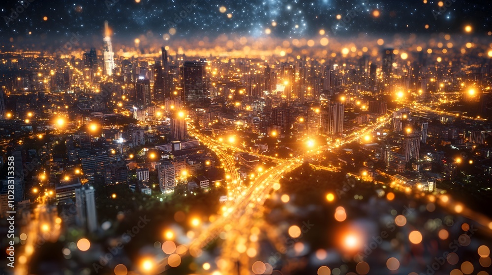 Naklejka premium Glowing Cityscape at Night with Illuminated Skyscrapers and Bustling Streets