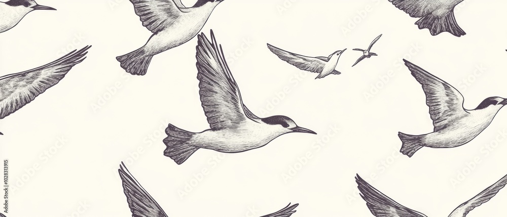 Fototapeta premium A black and white drawing of birds flying in a pattern