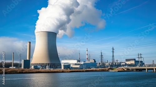 Industrial Landscape with Cooling Towers and Smoke