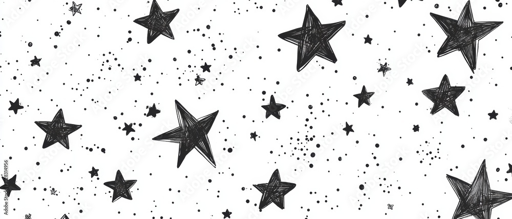 A black and white drawing of many stars on a white background