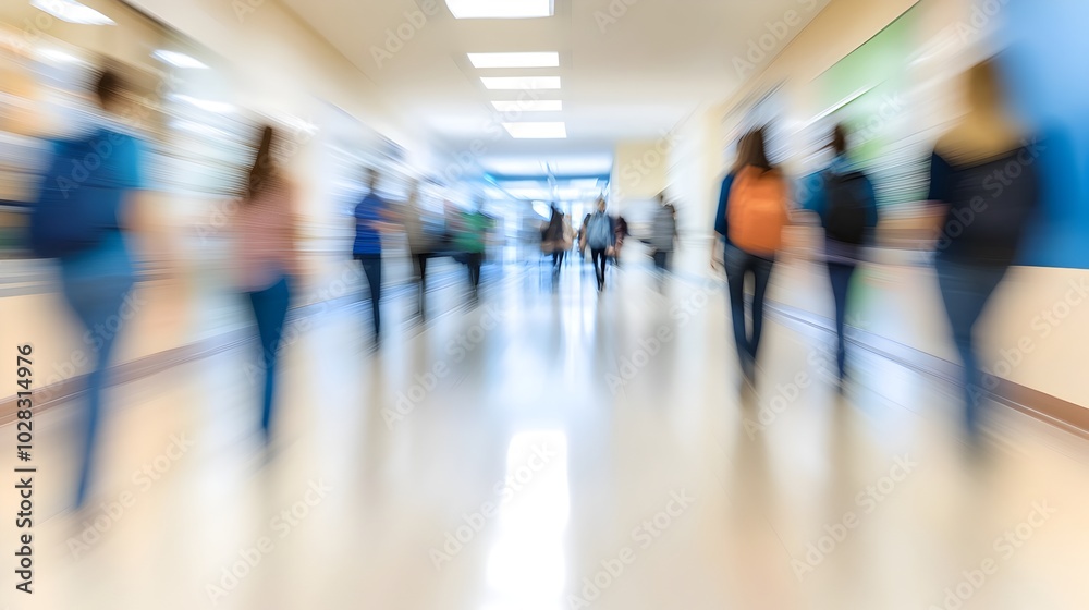 Blurred Hallway With Anonymous Crowd in Motion at a Busy Corporate Workplace Blurred Hallway With Anonymous Crowd in Motion at a Busy Corporate Workplace