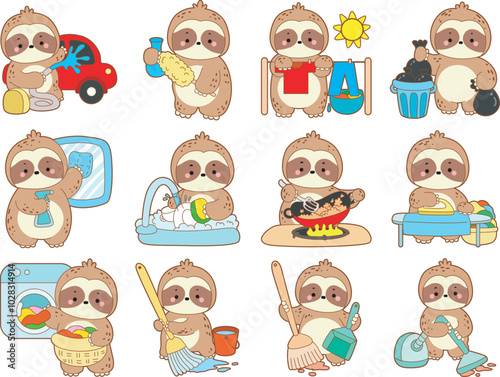 Twitch emote cute sloth vector icon. Funny baby sloth animal series stock illustration. Slow life of fluffy sloth designs.