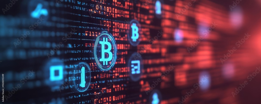 Digital finance blockchain, floating holographic icons, neon cyber ambiance, dark tones Digital finance blockchain, floating holographic icons, neon cyber ambiance, dark tones