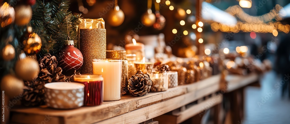 Decorative candles and festive ornaments display Decorative candles and festive ornaments display