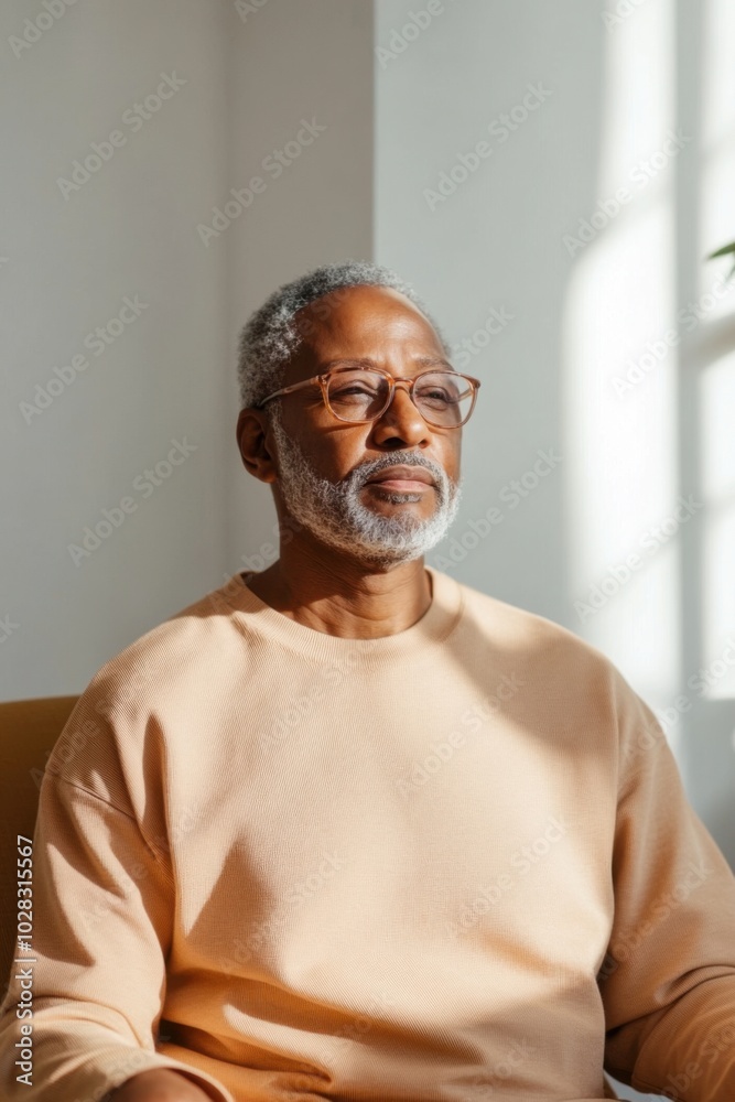 Obraz premium Senior man relaxing and enjoying warm sunlight at home