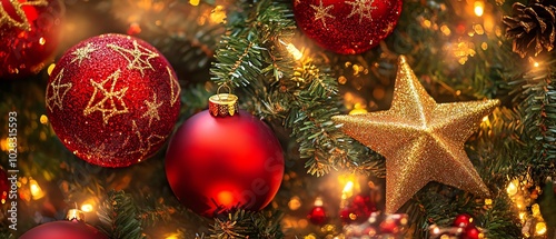 Festive Christmas tree ornaments and lights
